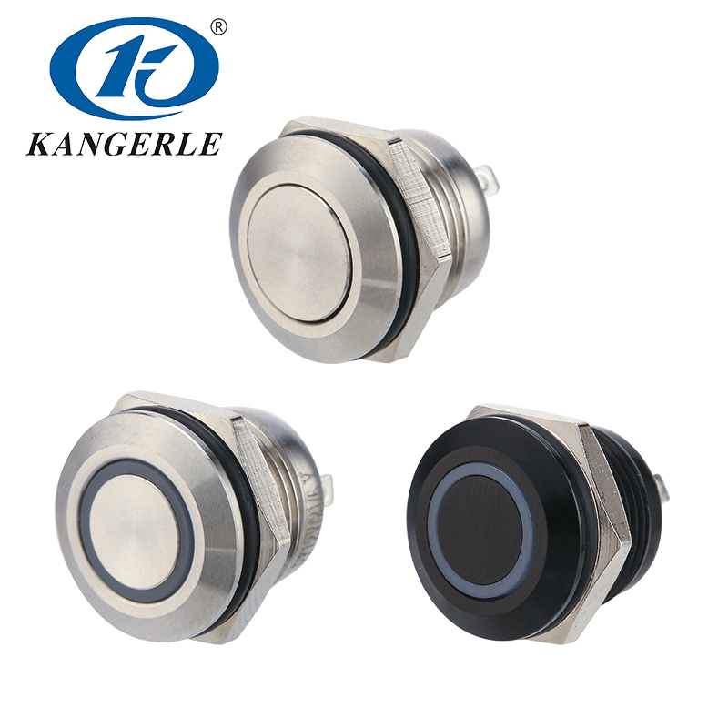 12MM薄款自復位自鎖平頭帶燈金屬按鈕開關防水